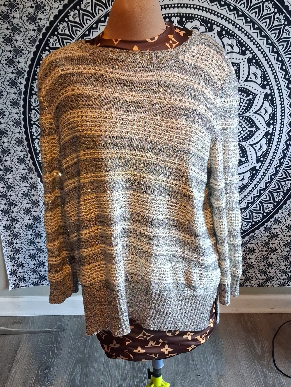 EMALINE Striped Sweater in Gray & Brown XL Like New